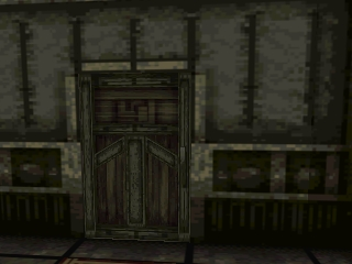 A wooden double-door with ornate carved panels stands centered against a stone brick wall with a regular grid pattern. The wall features horizontal wood paneling at the base and vertical stone pillars dividing the upper section. The door frame is recessed into the wall, rendered in brown and tan tones typical of N64-era 3D graphics. The architecture suggests an interior castle or dungeon setting with gothic styling.