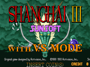 The Shanghai III title screen displays the game logo in red and yellow text at the top center, with the Funsoft publisher name below in purple. A decorative green and gold ornamental emblem featuring symmetrical designs sits beneath the title. The text 'WITH VS MODE' appears in gold lettering, indicating a multiplayer feature. Copyright information for Romtec Inc. and Sunsoft from 1989 and 1993 is visible at the bottom, along with a 'CREDIT' label. The background features a textured green pattern throughout.