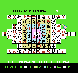 A Shanghai mahjong board displays a pyramid-shaped layout of tiles arranged in multiple layers against a bright green background. The top portion shows "TILES REMAINING : 144" in black text, with rows of small pixelated mahjong tiles featuring various symbols and patterns. Below the playfield, a black bar contains game information including "TILE NEWGAME HELP SETTINGS" and keyboard controls marked as "LEVEL = [M] [Z] [S] [M] [S]". The interface uses a simple 8-bit color palette with white, magenta, cyan, and yellow tile markings on the cream-colored pieces.
