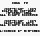 The title screen displays "SHAQ FU" in large pixelated text at the top. Below are several lines of copyright and licensing information in small monospace font, including "COPYRIGHT 1994 DELPHIS ENTERTAINMENT" and "ELECTRONIC ARTS" with "ALL RIGHTS RESERVED" statements. At the bottom, text reads "LICENSED BY NINTENDO". The background is solid black with white text, typical of Game Boy's monochrome display limitations.