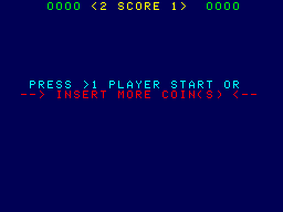 A dark blue arcade title screen displays score information at the top reading '0000 <2 SCORE 1> 0000' in cyan text. The center of the screen contains white text instructions stating 'PRESS >1 PLAYER START OR' followed by red text reading '→ INSERT MORE COIN(S) ←' on the line below. The simple layout uses a low-resolution pixelated font typical of early 1980s arcade cabinets.