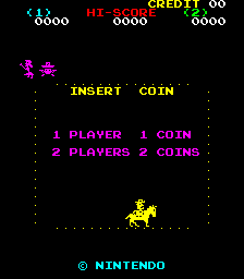The Sheriff arcade title screen displays a black background with magenta and yellow pixel art text. At the top, a score panel shows player 1 credit 0000 in cyan, followed by credits 0000. Below, magenta sprites of two small characters appear in the upper left. The center features yellow text reading 'INSERT COIN' with options for '1 PLAYER 1 COIN' and '2 PLAYERS 2 COINS' in magenta. A yellow pixelated sheriff character on horseback stands centered in the lower portion. The Nintendo copyright notice in cyan appears at the bottom of the screen.