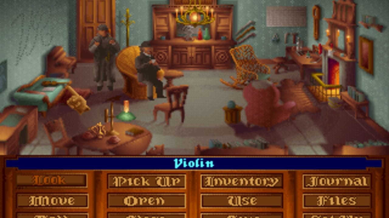 A pixelated isometric interior scene depicts an ornate room with turquoise walls, wooden furniture, and decorative elements including a chandelier, paintings, and golden statues. Multiple human figures in period clothing stand throughout the space. At the bottom, a blue interface bar displays "Violin" in cyan text, with two rows of brown menu buttons labeled Look, Move, Pick Up, Open, Inventory, Use, Journal, and Files. The art style uses a warm color palette of browns, golds, and reds for furnishings against muted background tones.