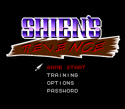 The title screen displays "SHIEN'S REVENGE" in large blue capital letters with a white outline at the top, positioned above a red banner with gold wing-like accents. Below the title are four menu options in white text: "GAME START", "TRAINING", "OPTIONS", and "PASSWORD". A small cursor sprite appears to the left of the menu items. The background is solid black, and the overall design uses a 16-bit sprite aesthetic typical of early 1990s console games.