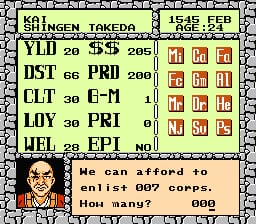 A character portrait of a bearded man appears in the lower-left corner of the screen. The upper portion displays a stats table with character names (Shingen Takeda, Uesugi Kenshin) and numerical values for attributes like STR, DST, CLT, LOY, and UEL, each with associated numbers and status indicators shown as colored boxes in a grid. Below the stats table, dialogue text reads 'He can afford to make 800 gold. How many?' with a numerical input field showing '000'. The interface uses the NES's standard 8-bit pixel graphics with a tan-colored background and black text borders typical of early-1990s strategy game UIs.