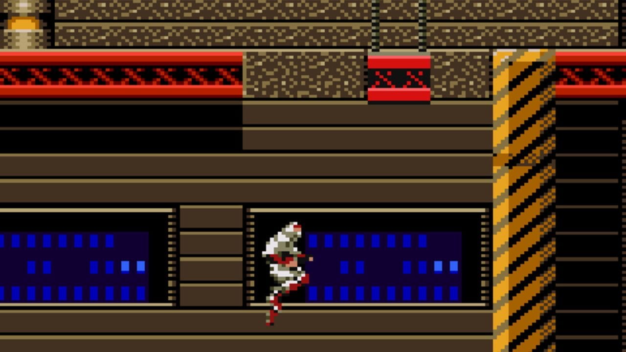 A white-clothed ninja character with red accents stands on a brown platform in the center-lower portion of the screen. Behind the ninja, a vertical yellow and black striped girder extends upward on the right side. The background shows brown metallic horizontal beams and structures, with blue gridded windows visible on both sides. Red barriers with crosshatch patterns appear at the top, separated by tan-colored panel sections. The overall color palette consists of browns, reds, blues, and blacks in a pixelated 8-bit art style typical of early Game Gear hardware.