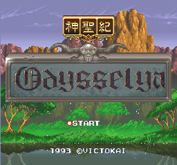 The title screen displays large pixelated text reading "Odysselya" in the center, with Japanese characters in a gold banner above it. A rocky mountain formation rises in the background against a purple sky with white clouds. Green grass and trees occupy the lower portion. A *START* prompt appears below the title text, with copyright information reading "1993 QUICKTAKE" at the bottom. The overall palette uses 16-bit colors typical of early SNES graphics.