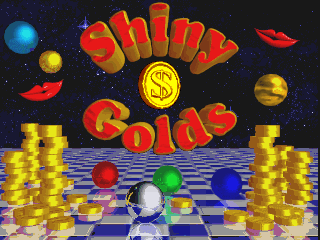 The title screen displays "SHINY GOLDS" in large red and yellow gradient text centered on a dark starfield background. A yellow dollar sign symbol floats below the text. Colorful spheres—red, green, and blue—sit on a checkered blue and white floor in the lower center. Stacks of pixelated gold coins flank both sides of the screen vertically. Yellow planetary orbs of varying sizes float in the upper portion against the black space backdrop. Small red spaceship silhouettes appear in the upper right area.