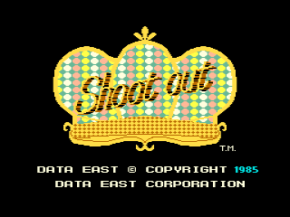 A title screen displays a large yellow and green pixelated crown logo with the text "Shoot Out" in yellow script lettering centered within it. Below the crown sits a yellow dotted banner bar. The background is black. At the bottom of the screen, white text reads "DATA EAST © COPYRIGHT 1985" and "DATA EAST CORPORATION" with a trademark symbol appearing to the right of the title logo. The graphics use the characteristic low-resolution sprite style and limited color palette typical of mid-1980s arcade games.