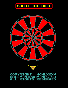 A circular target with alternating red and black wedge segments radiates from a central bullseye on a black background. The title "SHOOT THE BULL" appears in red text at the top within a bordered box. Copyright and licensing information in cyan text is positioned at the bottom, reading "COPYRIGHT MCMLXXXV BALLY MIDWAY MFG CO. ALL RIGHTS RESERVED."