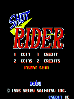 The arcade title screen displays 'SHOT RIDER' in large red letters with blue outline, accompanied by a yellow curved accent above. Below the logo, coin and credit input options are listed: '1 COIN 1 CREDIT' and '2 COINS 2 CREDITS' in white text. An 'INSERT COIN' prompt appears in red below the options. The Seibu Kaihatsu logo and copyright information from 1985 are positioned at the bottom in blue text, with 'CREDIT CO' displayed underneath on a black background.