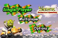 The title screen displays three menu options arranged vertically in the center: 'Single Player', 'Multiplayer', and 'Options', each rendered in white text. The Shrek logo appears in the upper right with a green ogre character wielding a club positioned prominently on the left side. A blue sky with white clouds fills the background, and a gray stone wall texture runs horizontally across the bottom. The color palette consists of greens, yellows, blues, and earth tones typical of GBA-era sprite graphics.