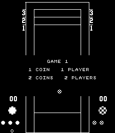 A black and white arcade title screen displays two game mode options at the top: a horizontal rectangular playing field labeled "GAME 1" with "1 COIN 1 PLAYER" and "2 COINS 2 PLAYERS" text below. The lower half shows a top-down view of a shuffleboard court with scoring zones marked by diamond shapes on the right side and circular pucks on the left side. Simple pixelated graphics depict the game layout in monochrome wireframe style typical of late-1970s arcade hardware.