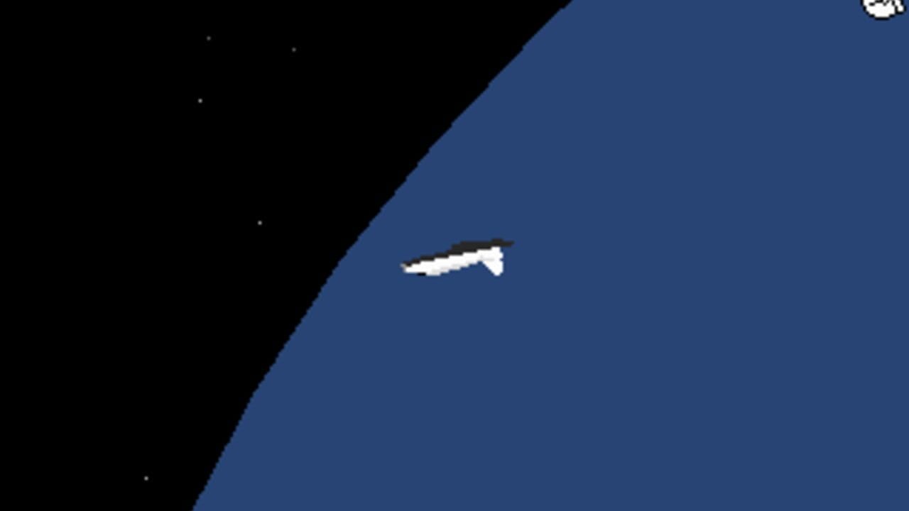 A pixelated spacecraft sprite in white and black hovers against a blue curved planetary surface on the right, with a black starfield and scattered white star pixels on the left. A diagonal horizon line separates the space environment from what appears to be a planet or celestial body below. The spacecraft is positioned in the center-left of the blue area, rendered in a low-resolution style typical of early DOS-era graphics.