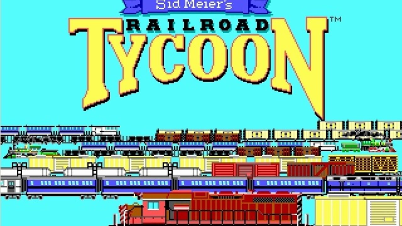 The title screen displays "Sid Meier's Railroad Tycoon" in large yellow pixelated text with a blue banner at the top against a cyan background. Below the title, multiple rows of pixel-art trains and rail cars are shown in various colors—blue passenger cars, yellow freight cars, brown boxcars, and red cargo containers—arranged horizontally across the screen. The trains are depicted in side-view profile, showcasing different locomotive and car designs typical of retro DOS-era graphics with distinctive 16-bit color palette and chunky sprite work.