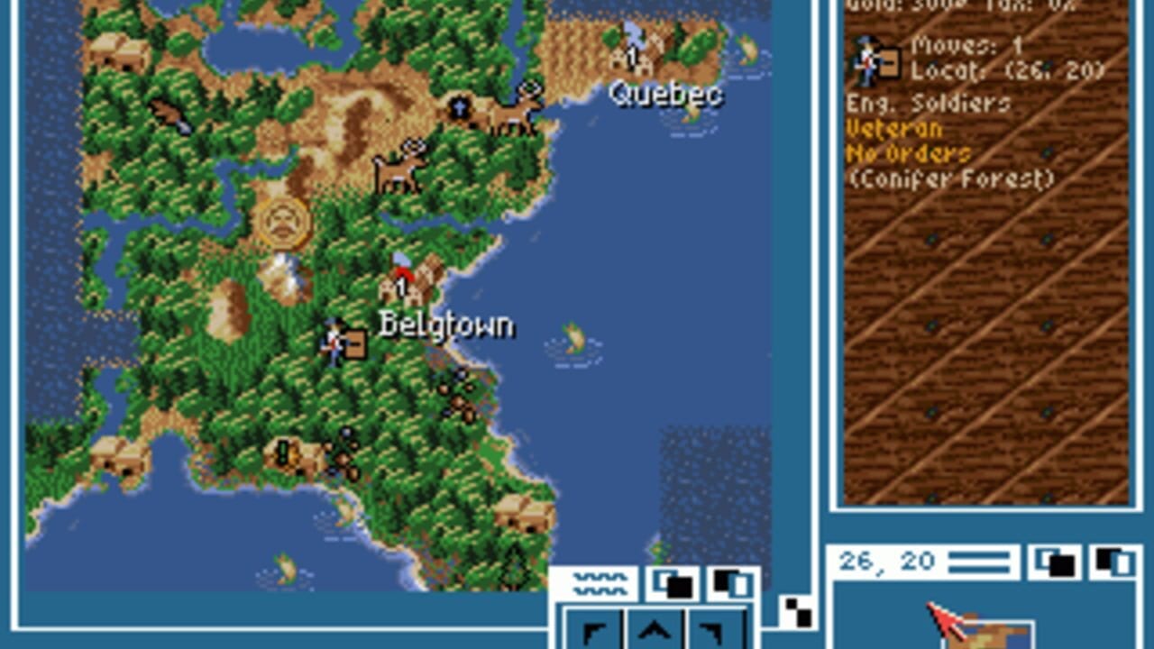 A colonial strategy game map displays a pixelated landscape of green forests, tan mountains, and blue water. Two labeled settlements, Quebec and Belgtown, are marked with building icons across the northern and central regions. The left panel shows the full game map with various terrain types and unit markers, while the right panel displays a detailed view of wooden planks or a building structure. Interface elements at the bottom show navigation controls, resource indicators, and a flag emblem in the lower right corner.