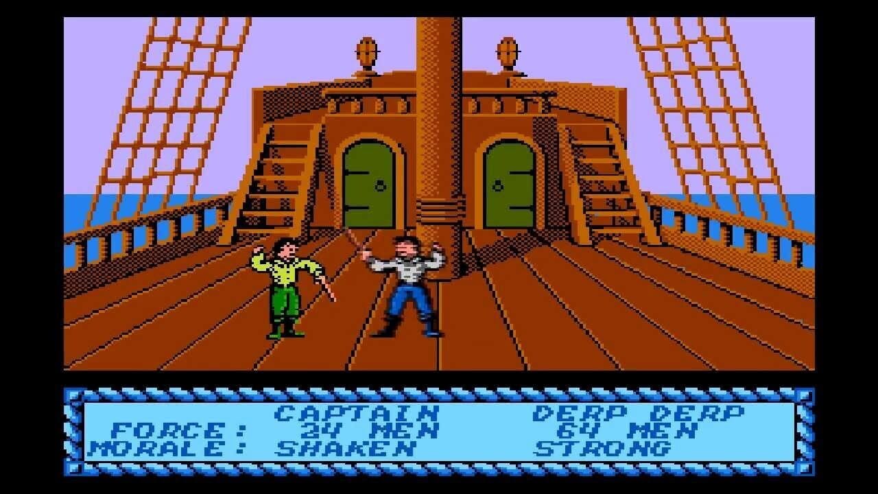 Two pixel-art characters stand on a wooden ship deck facing each other. The character on the left wears green clothing, while the one on the right wears blue pants and a white shirt. Behind them is a large wooden structure with two green doors, ornate railings, and decorative finials on top. The background shows a lavender sky and blue water. At the bottom, a status panel displays character information including 'Captain' and 'Derp Derp' with attributes like 'Force', 'Morale', and 'Shaken/Strong' in blue text on a light background.