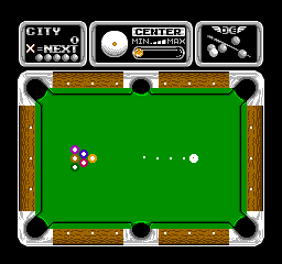 A billiards table fills the center with brown wooden rails and white corner pockets. Multiple white cue balls are positioned across the green felt surface, with one clustered group on the left side and individual balls scattered toward the right. The NES interface includes three icon panels at the top—displaying "CITY", "X-RAY", and "FIGHTER" with associated meter indicators—and a horizontal status bar with small circular buttons along the pool table's edges. Black background surrounds the play area.