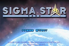 The title screen displays 'SIGMA STAR' in large silver letters with a gold star symbol, centered against a space background showing Earth and nebulae in purple and blue tones. Below the logo, 'PRESS START' text appears in blue, with smaller copyright text reading 'SIGMA STAR ©2003-2004 WAYFORWARD TECHNOLOGIES INC.' and 'ALL RIGHTS RESERVED' at the bottom.