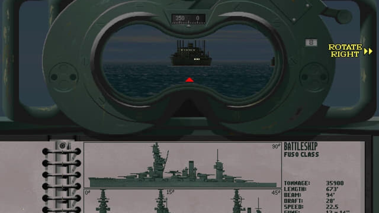 A submarine periscope view displays a military cargo ship centered in the crosshairs over blue ocean water. The top-right corner shows yellow text reading 'ROTATE RIGHT' with directional arrows. Below the main view, a tactical display shows a ship profile diagram labeled '90° BATTLESHIP FUSO CLASS' with various technical specifications listed on the right, including tonnage of 35900, length of 623', beam of 94', draft of 28', and speed of 22.5. A left sidebar shows directional indicators numbered 0° to 45°, and the image has a green-tinted retro DOS-era graphics style with a realistic military simulator aesthetic.