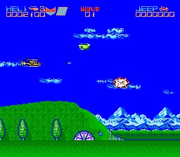 A side-scrolling shoot-em-up level displays a bright blue sky background with scattered green pixelated clouds and three enemy aircraft positioned across the upper and middle sections. The bottom portion shows a green rolling terrain with dark green pine trees and a semi-circular vehicle cockpit visible in the lower center. A score counter and health bar appear in the top-left corner, with additional UI elements reading "WAVE 1" in the top-center area. The foreground features blue water with white wave patterns along the bottom edge, indicating the stage takes place over a coastal environment.