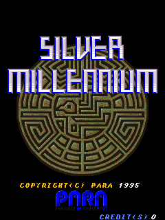 The title screen displays "SILVER MILLENNIUM" in large blue pixelated letters at the top, with a tan and dark olive maze pattern forming a circular shield shape below it. Copyright text reading "COPYRIGHT(C) PARA 1995" appears in orange at the bottom, followed by "PARA" in blue and "CREDITS V1.0" in smaller text. The background is solid black, and the entire design uses a limited 8-bit color palette typical of mid-1990s arcade hardware.