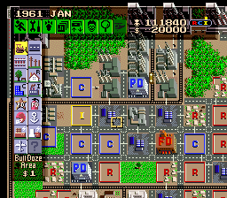 A top-down isometric view of a city grid displays residential, commercial, and industrial zones in different colors—green grass areas, tan and brown buildings, and blue water sections. The date reads 1961 in the upper left corner, with a population counter showing 50000 at top right. A vertical sidebar on the left contains smaller map windows and UI panels. Green tree clusters fill open spaces between blocky pixelated structures arranged along gray streets in a grid pattern typical of 16-bit era sprite graphics.