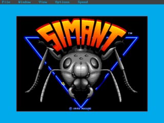 A large ant head fills the center of a black background, rendered in grayscale with detailed mandibles and segmented features. The word 'SIMANT' appears above in bold orange letters with blue geometric triangular shapes flanking it on either side. The cyan-colored border frame around the image indicates a DOS-era display. At the bottom, small white text credits the publisher.
