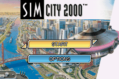 The title screen displays 'SIM CITY 2000' in white pixelated text at the top left. Behind the logo stretches an aerial view of a sprawling city with blue waterways, green parks, and dense clusters of gray and tan buildings rendered in isometric perspective. Two menu buttons appear centered below: a yellow 'START' button and a blue 'OPTIONS' button. The background cityscape shows realistic city planning with distinct districts and infrastructure visible from above.