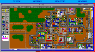 A top-down city layout map divides into two sections: green terrain with orange roads on the left, and a dense residential and industrial grid of blue, pink, and brown buildings on the right. A toolbar runs along the left edge with small icon buttons. The interface features a blue header bar with menu options and a status bar at the bottom displaying game information. The pixel art uses a 16-bit color palette typical of late 1980s DOS games, with clear grid-based city planning visible across the entire screen.