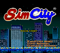 The SimCity title screen displays the logo in large pixelated letters with red and blue gradient coloring against a black background. Below the logo sits a Nintendo copyright symbol. A cityscape silhouette spans the lower half, featuring blue-tinted building outlines in varying heights arranged in a skyline pattern. At the bottom, a row of yellow and orange pixel lights mimics street illumination. The overall aesthetic uses a limited color palette typical of SNES-era graphics with clear sprite-based architecture.