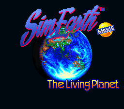 The title screen features large purple and blue gradient text reading 'SimEarth' in the upper portion, with a small Maxis logo in the top right corner. Below the title text sits a vibrant blue and green Earth against a black background, illuminated with bright cyan light at the bottom. The subtitle 'The Living Planet' appears in yellow and cyan text centered beneath the globe. The overall composition uses a dark space theme with neon-style lettering typical of early 1990s DOS game aesthetics.