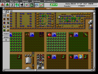 A top-down farm simulation displays multiple sections of land with green crop tiles, brown soil areas, and various farm buildings arranged in a grid layout. The left sidebar contains a tool palette with small icons for equipment and functions. Colored UI elements, including blue and red buttons, are scattered across the interface. The graphics use a 16-bit color palette with pixelated sprites representing farm structures, vehicles, and terrain features. A toolbar at the top contains additional game options and controls.