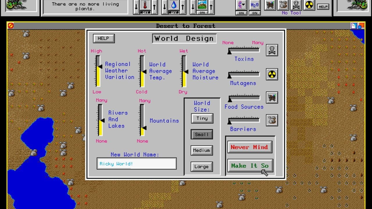 A World Design dialog box dominates the center of the screen, displaying multiple slider controls for environmental parameters including Regional Weather Variation, World Average Temperature, World Average Moisture, Rivers and Lakes, and Mountains. On the right side are toggleable options for Toxins, Mutagens, Food Sources, and Barriers, each with a small icon. A world size selector offers Tiny, Small, Medium, and Large options. The background shows a pixelated desert and forest terrain with blue water bodies, scattered rocks, and red vegetation marks. The top toolbar displays resource indicators and gameplay icons. A message at the screen top reads "There are no more living plants."