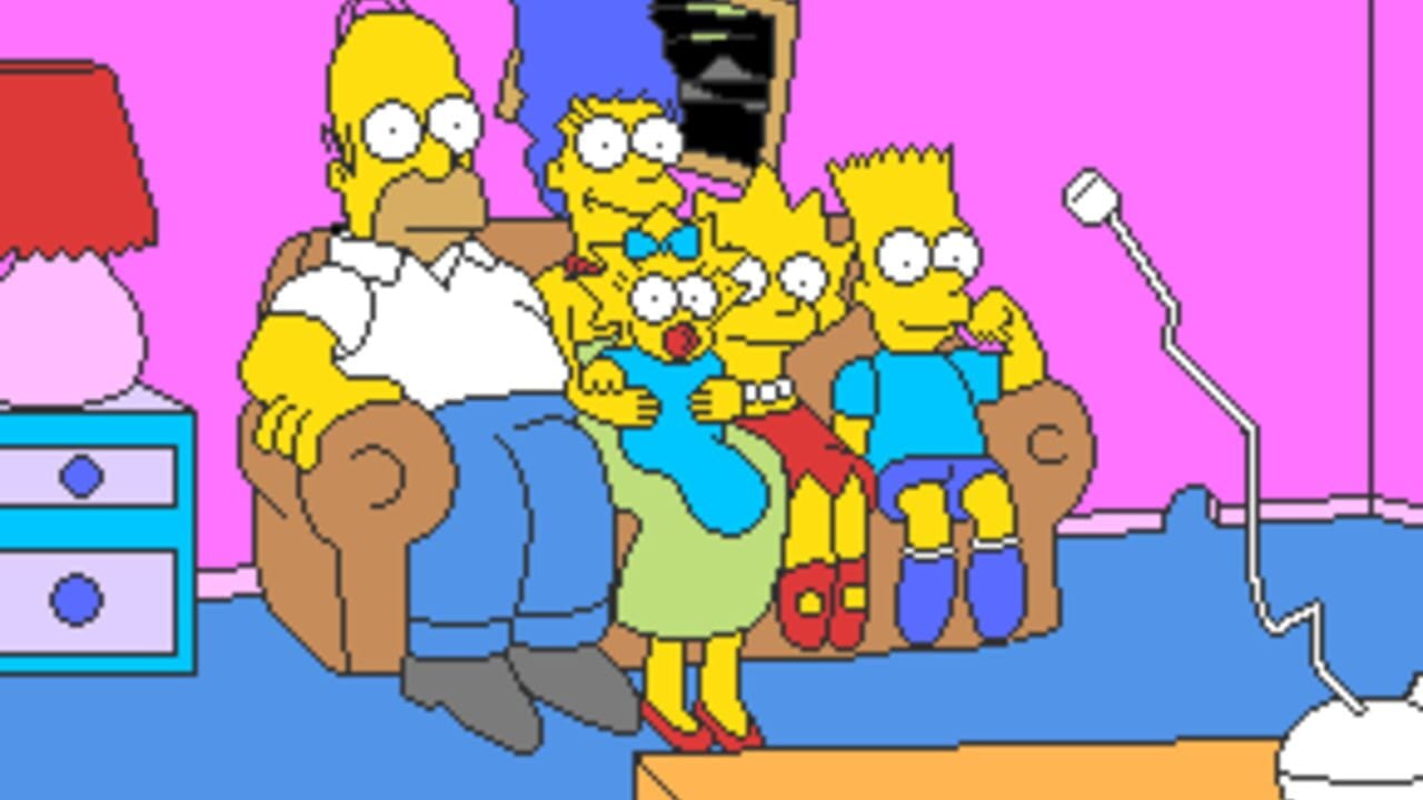 The Simpson family sits on a brown couch in their living room against a magenta background. Homer occupies the left side wearing a white shirt and blue pants. Marge stands behind the couch in a green dress with her distinctive blue hair. Bart sits in the center wearing a blue shirt and red shorts with a blue bow tie. Lisa sits to the right in a pink dress and red shoes. Maggie is cradled on the couch in the foreground. A blue dresser with circular handles sits to the left, and a window outline appears on the right side of the room. The pixel art uses bright primary colors typical of early 1990s arcade graphics.