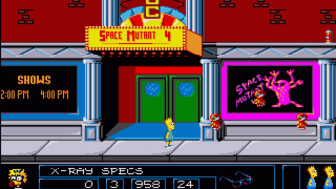 A yellow pixel-art character stands on a sidewalk in front of a storefront labeled 'Space Mutant 4' in red and yellow marquee lettering. The scene shows a theater-like building with blue striped columns, green doors in the center, and a magenta-framed display on the right showing pink pixel-art mutant creatures. A show times board on the left lists 2:00 PM and 4:00 PM. The HUD at bottom displays 'X-Ray Specs' with numeric values 0, 3, 958, and 24. Small red flying enemies appear near the columns. The color palette consists primarily of red, blue, green, yellow, and magenta against black backgrounds.