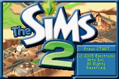 The Sims 2 logo dominates the center in white and blue lettering with a green 2, displayed over an aerial isometric view of a suburban neighborhood with houses, trees, and streets in muted earth tones. A blue menu box on the right side contains white text options including "Press START" and "Electronic Arts" branding. The overall art style uses low-resolution sprites and a warm color palette typical of Game Boy Advance graphics.