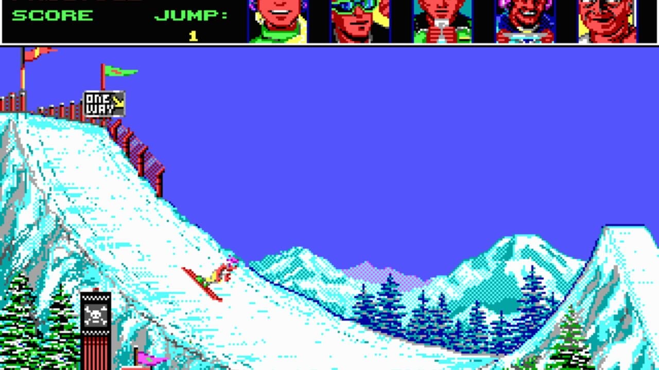 A ski slope descent dominates the center of the screen, rendered in cyan and white pixelated snow with dark green evergreen trees lining the mountainside. A skier in red descends diagonally across the slope. The upper portion displays a blue sky with snow-capped mountain peaks in the distance using parallax depth. The top edge contains a green text score counter on the left, "JUMP: 1" in the center, and six small pixelated character portraits in red and green hues. A "ONE WAY" sign with a skull symbol and wooden fence structure sit on the left slope, while "DIFFICULTY" text appears on a black sign.