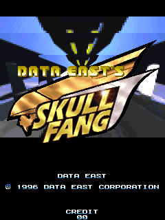 The title screen displays a large yellow logo reading 'SKULL FANG' positioned diagonally across the center, with stylized lettering and a curved design element above it. The background features a blue radial gradient pattern transitioning to black at the top, creating a sense of depth. Text reading 'DATA EAST' appears at the bottom along with 'DATA EAST CORPORATION' and 'CREDIT 0', rendered in white and cyan pixels typical of 1996 arcade display standards. The overall composition uses bold contrasting colors and pixel-art typography against the gradient background.