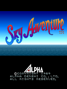 The title screen displays 'Sky Adventure' in large red and yellow stylized lettering against a blue gradient sky background with a lighter blue horizon line. Below the logo, copyright text reads '©COMET' followed by 'ALPHA DENSHI CO., LTD.' and 'ALL RIGHTS RESERVED.' in white text. The artwork uses a bright color palette typical of late-1980s arcade games, with smooth gradient shading in the background.