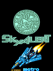 A title screen displays a light green circular medallion with intricate pattern work at the top center. Below it, the text 'SKY ALERT' appears in large cyan pixelated letters with a distinctive angular, neon-style font. A blue and yellow spacecraft graphic is positioned in the lower right, angled diagonally upward. At the bottom, small blue text reads 'metro' with '1992' visible nearby. The background is solid black.