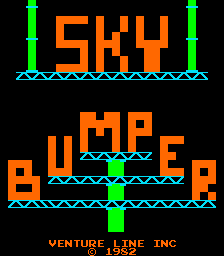 The title screen displays "SKY" in large orange pixelated letters at the top, flanked by green vertical lines. Below it, "BUMPER" appears in orange text with a cyan-blue geometric pattern running horizontally underneath. A green triangle sits in the center of the pattern. At the bottom, the text "VENTURE LINE INC" and "© 1982" appear in orange against the black background. The entire design uses a limited color palette of orange, green, and cyan typical of early 1980s arcade graphics.