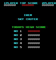 A black arcade title screen displays "IREN" centered in cyan text, with "SKY CHUTER" beneath it. At the top, three score readouts show "1 PLAYER" and "2 PLAYER" positions in cyan with black placeholder scores. Below, a green "TODAY'S HIGH SCORE" header introduces five numbered entries (NO 1 through NO 5) listing rankings in cyan with red score values, all showing 000000. The entire display uses a simple pixel font against a dark background typical of early 1980s arcade cabinets.