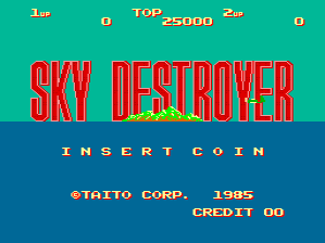 The title screen displays "SKY DESTROYER" in large red pixelated letters centered on a teal background, with a darker blue band running horizontally across the middle. Score indicators showing "1up" and "2up" appear in the top corners, along with "TOP 25000" centered above the title. Below the main text, "INSERT COIN" is written in yellow letters. The bottom credits read "©TAITO CORP. 1985" with "CREDIT 00" displayed to the right. The overall design uses a limited color palette typical of mid-1980s arcade cabinets, with yellow and red text on dark backgrounds.
