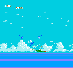 A cyan sky with scattered white clouds fills the upper two-thirds of the screen, with a score display showing "200" and "1UP" in the top-left corner. A green aircraft with a pointed nose is centered in the middle ground, flanked by two smaller aircraft or projectiles. A horizontal band of purple divides the sky from a blue lower section representing water or terrain. White pixelated cloud formations appear along the horizon line, characteristic of 1985 NES sprite graphics with limited color palette and blocky pixel resolution.