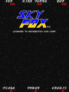 The title screen displays "SKY FOX" in large blue pixelated letters centered on a black starfield background. Below the title, white text reads "LICENSED TO NICHIBUTSU USA CORP." A score panel appears at the top left showing "1UP", "HI SCORE", "SCORE", and "2UP" with numerical values. The bottom of the screen contains three data fields reading "STAGE", "POWER", and "CREDIT" with corresponding numbers displayed. The entire scene uses bright primary colors against the dark space backdrop with small white dots representing stars across the background.