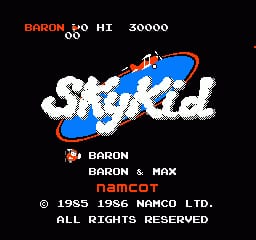 The Sky Kid title screen displays the game logo in white pixelated letters with a blue biplane graphic integrated into the design. At the top left, red text shows "BARON" with "HI 30000" displayed to the right. Below the logo, white text reads "BARON" with "BARON & MAX" and "NAMCO" underneath. A copyright notice at the bottom states "© 1985 1986 NAMCO LTD. ALL RIGHTS RESERVED" in small white text against the black background. The entire screen uses a limited NES-era color palette of red, white, blue, and black.