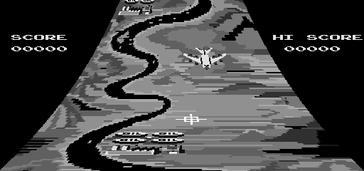 A monochrome overhead view of a winding road with a player aircraft centered in the lower portion of the screen. The road curves left and right across the grayscale terrain. Score displays appear in the upper left and upper right corners, both showing 00000. Enemies or obstacles are visible as small white shapes along the road in the middle distance. The perspective creates a 3D tunnel effect typical of early Atari arcade flight games.