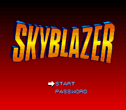 The SKYBLAZER title logo dominates the center in large yellow and orange letters with blue accents against a red gradient background. Below the logo, two menu options appear in white text: START with a right-pointing arrow, and PASSWORD. The art style shows typical SNES-era pixelated text rendering with smooth color gradients in the background creating depth.