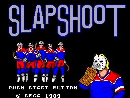 The title screen displays "SLAP SHOOT" in large purple pixelated text at the top. Below sits a row of five small sprite figures wearing blue uniforms with red trim, positioned in the center. To the right stands a larger character sprite with a white face, wearing a red and blue uniform. At the bottom, white text reads "PUSH START BUTTON" and "© 1990 SIMS" on a black background. The graphics use a limited color palette typical of early SMS titles.